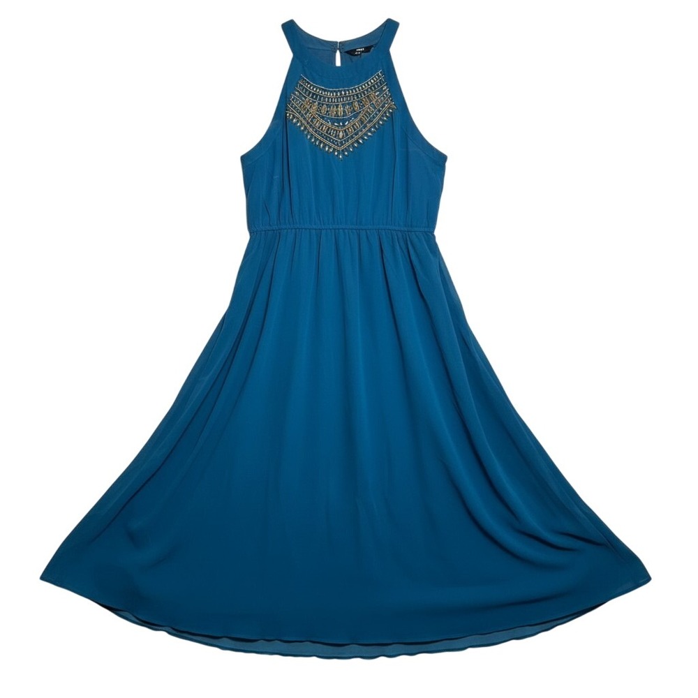 Max Chiffon Halter Maxi Dress Teal Blue Beaded Neckline Y2K UK 18 EUR 44 NWT